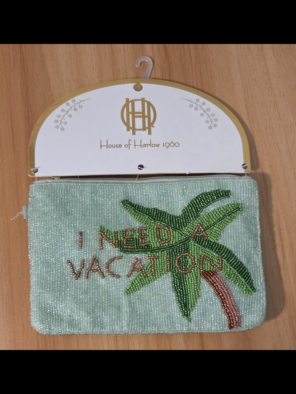 House of Harlow 1960 Mint Green Beaded 'I Need A Vacation' Pouch
